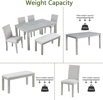soges 6 Piece Wooden Dining Table Set, Dining Room Table with 4 Upholstered Chairs and Bench, Rectangular 6-Person Kitchen Dining Table Set with Crystal Decoration, Silver Grey