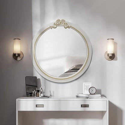 Vintage Round Wall Mirror 23.6inch Farmhouse Wooden Vanity Mirror for Wall Decor, Decorative Antique White Bathroom Mirrors, Traditional Art Home Bow Decor for Dressing Table, Living Room or Bedroom