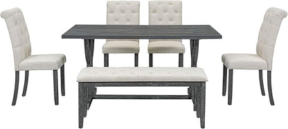 SogesPower 6-Piece Dining Table Set, Rectangular Farmhouse Kitchen Dining Table Set with 4 Upholstered Chairs & 1 Bench, Retro Kitchen Table Set for 4-6 for Dining Room Living Room, Gray Wash