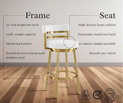 Armen Living Madrid 30" Seat Height Swivel Modern White Faux Leather and Gold Brushed Stainless Steel Bar Stool for Kitchen Island Counter