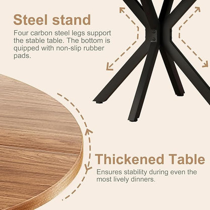 47 Inch Round Dining Table for 4, Modern Round Dinner Table Small Mid Century Dining Room Tables, Leisure Kitchen Tables for Small Space, Kitchen, Living Room, Steel Legs, Black & Natural