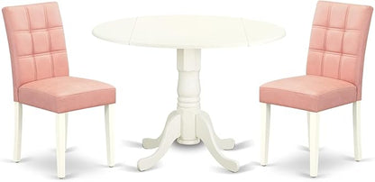 East West Furniture DLAS3-WHI-42 3 Piece Dining Table Set consists A Dinner Table and 2 Beige Red Polyester Fabric Parson Kitchen Chairs with Stylish Back- Linen White Finish