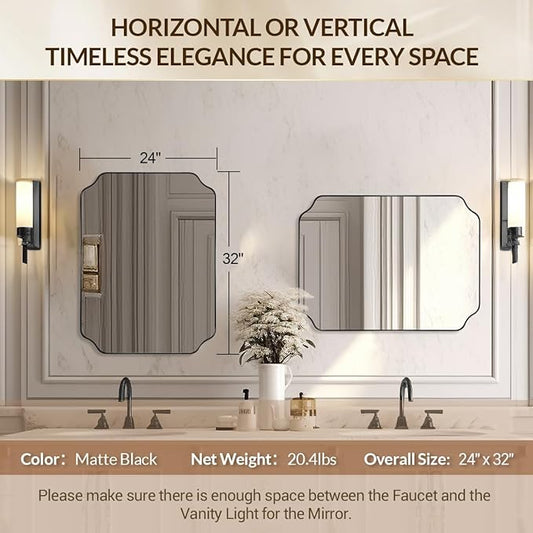 Scalloped Mirror, 24"x32" Black Mirror for Bathroom, Matte Black Mirror with Anti-Rust Metal Frame, Asymmetrical Mirrors with Wavy Edge for Powder Room, Living Room, Foyer, Master Room