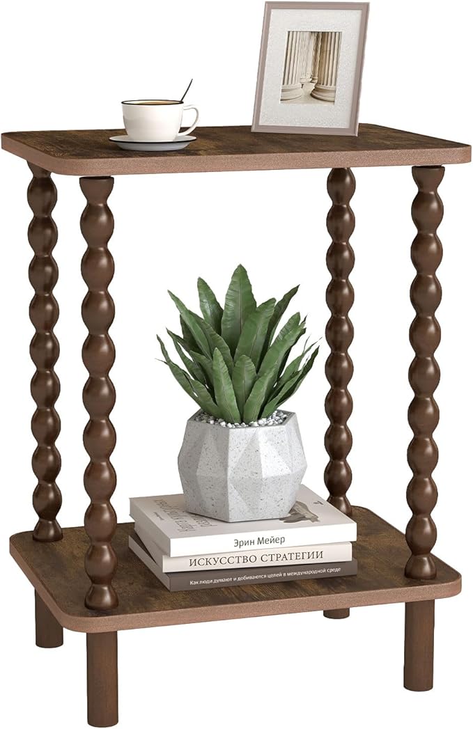 2-Tier End Table,Vintage Side Table,Solid Wood Bedside Table with Storage Rack,for Living Rooms, bedrooms, and Narrow Spaces (Rustic Brown)
