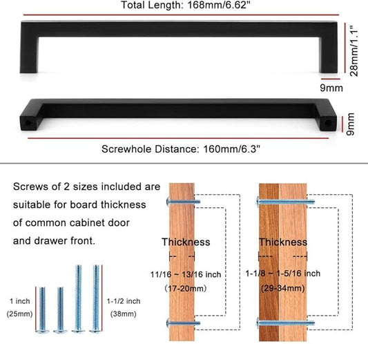 KOOFIZO Solid Square Bar Cabinet Handle - Black Furniture Pull, 6.3 Inch/160mm Screwhole Distance, 10-Pack for Kitchen Cupboard Door, Bedroom Dresser Drawer, Bathroom Wardrobe Hardware