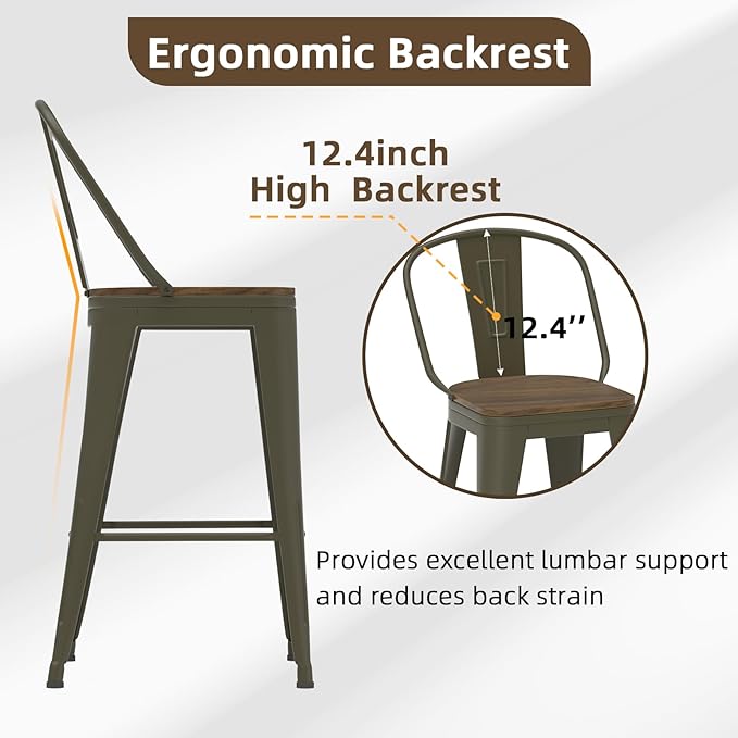 26” Swivel Bar Stools Set of 4, Counter Height Bar Stools Wooden Seat, Metal Industrial Bar Chairs with High Back for Kitchen Island (Rusty)