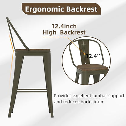 30” Swivel Bar Stools Set of 4, Counter Height Bar Stools Wooden Seat, Metal Industrial Bar Chairs with High Back for Kitchen Island (Rusty)