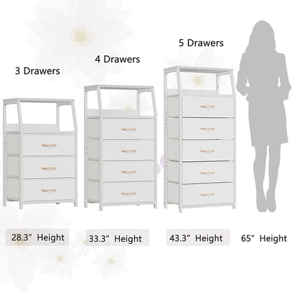 Furnulem White Nightstand with 3 Drawers and 2-Tier Shelf, Small Night Stand End Table Side Furniture, Fabric Storage Organizer for Bedroom, Closet, Hallway, Nursery, Sturdy Steel Frame, Wood Top
