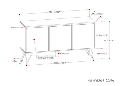 SIMPLIHOME Hunter Buffet - 60 inch Wide Solid Mango Wood 3-Door Sideboard Buffet in Natural, Contemporary Storage Cabinet for Dining Room or Kitchen with Adjustable Shelves and Metal Legs
