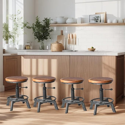Set of 2-Industrial Bar Stool-Counter Height Chairs- Swivel Wooden Seat- Adjustable 15.2-21"