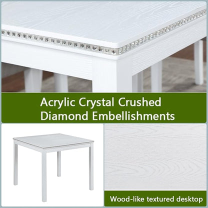 Dining Table Set for 4, 5-Piece Kitchen Table & Chairs Set with Versatile Square Table & 4 Upholstered Chairs, 34.5'' Dinner Set with Crystal Decorations & Wood Grain Design, Light White