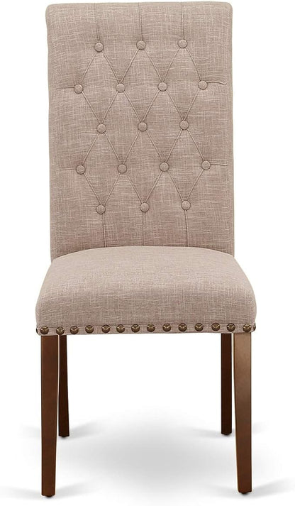 East West Furniture NOBR3-MAH-04 3 Piece Dining Room Table Set Contains a Rectangle Kitchen Table with Butterfly Leaf and 2 Light Tan Linen Fabric Parson Chairs, 32x54 Inch, Mahogany