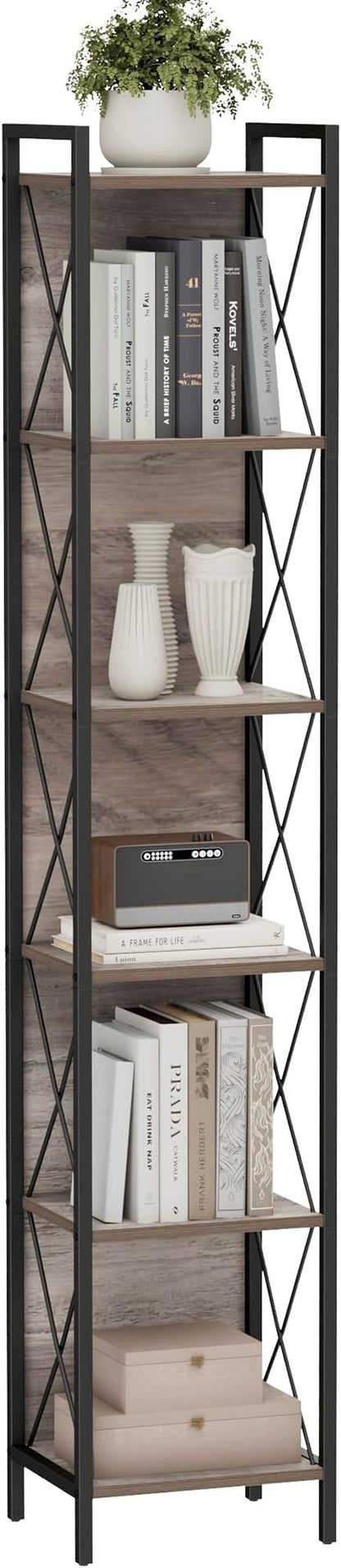 Homhedy 6 Tier Bookshelf Bookcase, Tall Narrow Bookshelf for Small Space, Metal Storage Shelves with Back Panel, for Home Office, Living Room, Kitchen, Bedroom, Industrial Style, Greige