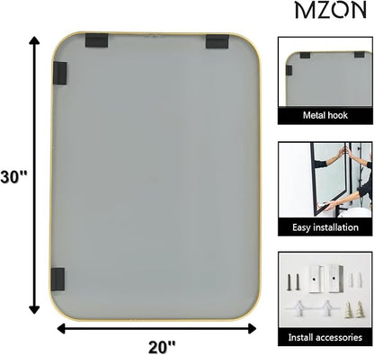 MZON 20x30 Inch Brushed Gold Vanity Mirror, Rectangle Bathroom Mirrors for Over Sink, Anti-Rust Frame & Tempered Glass, Hangs Horizontally/Vertically - Ideal for Small Bathroom or Powder Room