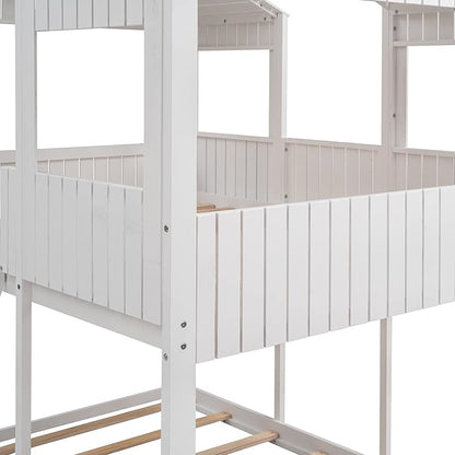 Ball & Cast Full Over Full Size Playhouse Bunk Bed with Roof and Window,Wood Bunkbed w/Full-Length Guard Rail & Ladder,Slat Support,Space Saving,Bedroom Furniture for Student Dorms,White