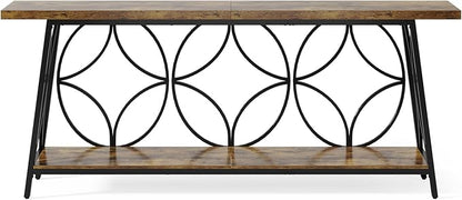 70.9-Inch Sofa Table, 2-Tier Narrow Console Table with Storage for Living Room, Entryway, Hallway, Foryer, Geometric Pattern Design (Rustic Brown)