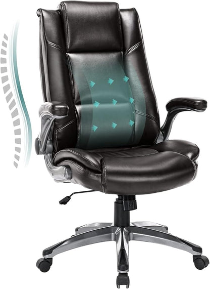 Leather Executive Office Chair - High Back Home Computer Desk Chair with Padded Flip-up Arms, Adjustable Tilt Lock, Swivel Rolling Ergonomic Chair for Adult Working Study, Brown