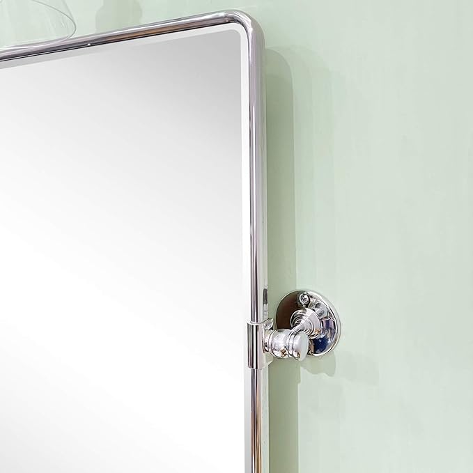 TEHOME 20 x 24 inch Farmhouse Chrome Metal Framed Pivot Rectangle Bathroom Mirror Rounded Rectangluar Tilting Beveled Vanity Mirrors for Wall