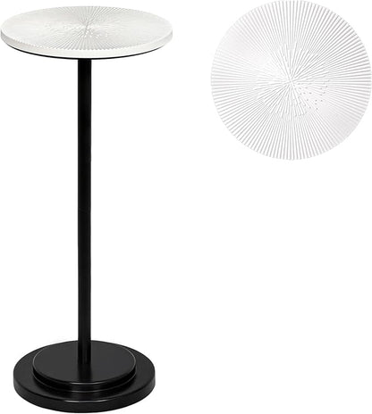 Drink Table, Carved Table Top Martini Table, Small Side Table, Weighted Base Pedestal Table for Living Room, Bedroom, Modern, White and Black