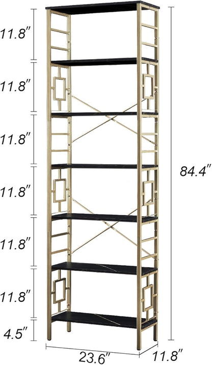 HOMISSUE Bookcase,7-Tier Tall Bookshelf Metal Bookcase and Bookshelves, Free Standing Storage Modern Bookshelf for Home Office Living Room and Bedroom, Black & Gold