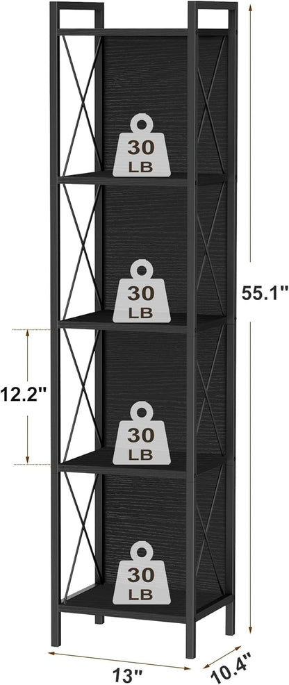 Homhedy 5 Tier Bookshelf Bookcase, Tall Narrow Bookshelf for Small Space, Metal Storage Shelves with Back Panel, for Home Office, Living Room, Kitchen, Bedroom, Industrial Style, Black