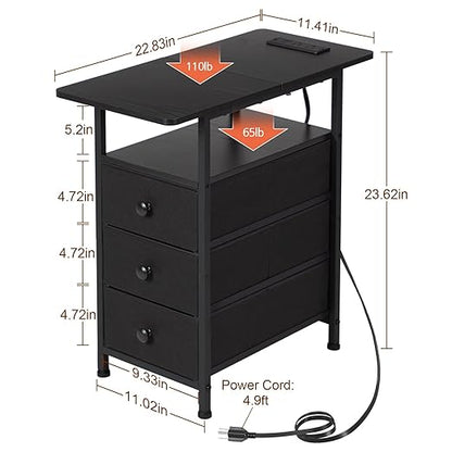 AMHANCIBLE Narrow End Table Living Room with Charging Station, Slim LED Nightstand with Fabric Drawers, Skinny Side Table for Bedroom, Small Spaces, Couch, Black, HETN013LBK-1