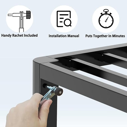 FUIOBYVV 14 Inch Queen Bed Frame with Rounded Corner and Headboard Hole Mattress Retainers 3500 LBS Metal Heavy Duty Steel Slats Support No Box Spring Needed Platform Noise Free Easy Assembly