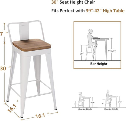 WENTMENT Bar Stools Set of 4 Counter Height Metal Barstools with Removable Back 30" Kitchen Bar Stools with Wooden Seat, White