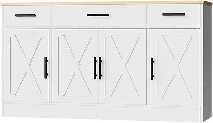 Shintenchi Sideboard Buffet Cabinet with Storage,53.4" Large Kitchen Buffet Storage Cabinet with 3 Drawers and 4 Doors,Wood Farmhouse Sideboard with Adjustable Shelf for Kitchen, Living Room,White