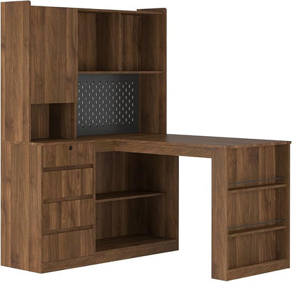 KEIKI L Shaped Home Office Desks with LED Light, Pegboard, Hutch, Drawers, Bookshelf & Storage Shelves, Modern Wooden Gaming Computer Corner Table for Work, Study, Writing