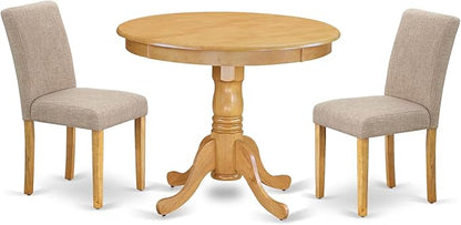 East West Furniture ANAB3-OAK-04 3 Piece Dinette Set for Small Spaces Contains a Round Dining Table with Pedestal and 2 Light Tan Linen Fabric Upholstered Chairs, 36x36 Inch, Oak
