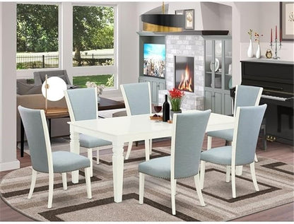 East West Furniture LGVE7-LWH-15 7 Piece Kitchen Table & Chairs Set Consist of a Rectangle Butterfly Leaf Dining Table and 6 Baby Blue Linen Fabric Parson Chairs, 42x84 Inch, Linen White