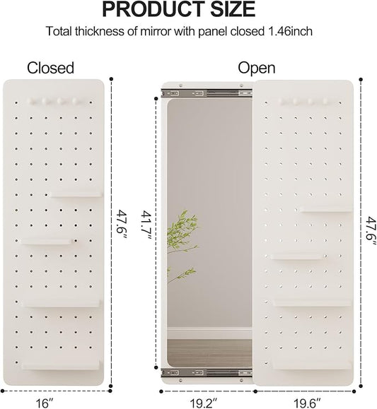 KungFuWood Full Length Mirror with Shelf and Hooks,Entry Way Mirrors for Wall,Wall Mirror with Shelf,Wall Mirror with Storage Multifunctional Design Panel,Living Room