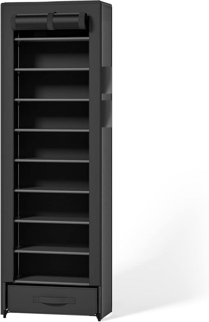 Shoes Rack 10 Tier Tall Shoe Rack Narrow Shoe Rack with Storage Box,Fabric Covered Metal Shoe Rack Organizer for Closets