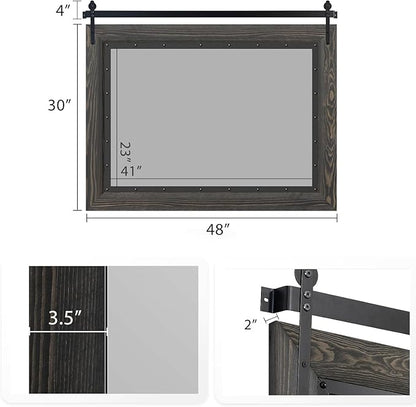 YOSHOOT Farmhouse Barn Door Mirror, 48"x30" Rustic Bathroom Mirror, Wood Frame Wall Mirror, Wooden Mirror for Living Room Bedroom Entryway Wall Décor, Horizontal Hanging ONLY