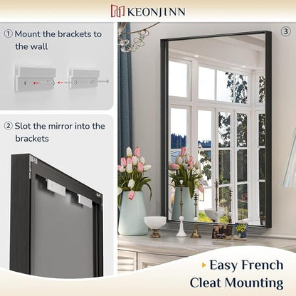 Keonjinn Black Mirror for Bathroom 20 x 30 Inch Brushed Framed Mirror, Rectangle Wall Mount Mirror Square Corner Modern Farmhouse Decorative Bathroom Vanity Mirror for Over Sink(Horizontal/Vertical)