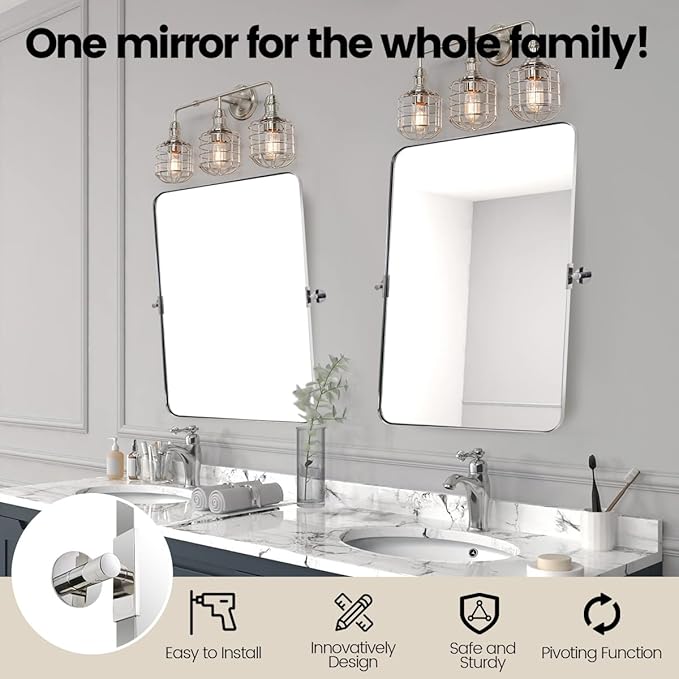 MOON MIRROR Polished Chrome Pivot Mirror for Bathroom, Tilt Bathroom Rounded Rectangle, Overall 28.33 x 32 in (Mirror 24x 32 in)