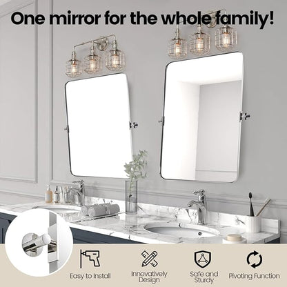 MOON MIRROR Polished Chrome Pivot Mirror for Bathroom, Tilt Bathroom Vanity Rounded Rectangle, Overall 28.33 x 36 in (Mirror 24x 36 in)