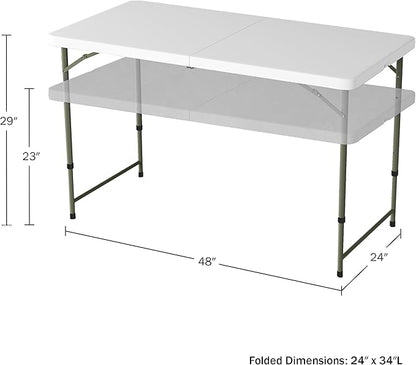 Adjustable Folding Table - Portable 4-Foot Plastic Utility Tabletop with 2 Height Settings - Indoor and Outdoor Seating by Lavish Home (White)