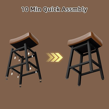 Counter Height Bar Stools Set of 2, 24 Inch Backless BarStools for Kitchen Island Leather Saddle Bar Chairs Kitchen Stools with 4" Thick Seats & Heavy Duty Metal Base, Brown