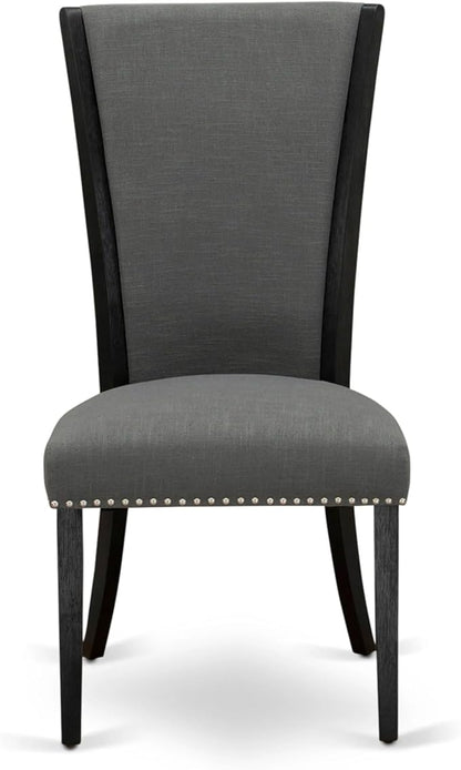 X07VE-B06-50 - 9-Pc Dining Room Table Set a Rectangular Dining Table and wooden Benches and 7 Dark Gotham Grey Linen Fabric Dining Chair, 39x120 Inch, Wire Brushed Black