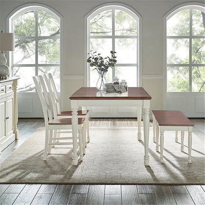 Crosley Furniture Shelby 4-Piece Traditional Dining Table Set for 5 with 2 Chairs and a Wood Bench, Distressed White