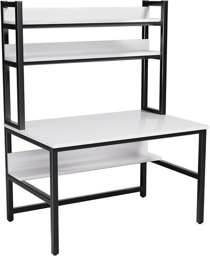 Aquzee Computer Desk with Shelves, 47" W x 23.6" D Gaming Desk with Hutch and Bookshelf, White Study Table for Bedroom Space Saving with 3 Tier Storage Shelf, Home Office Desk for Writing Work