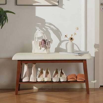 Entryway Shoe Bench, 35.4" Bamboo Bench for Bedroom End of Bed, 2-Tier Shoe Rack with Cushion Padded Seat, Shoe Organizer Stable for Entry Hallway Living Room Bedroom, 35.4"W x11.2"D x 17.7"H