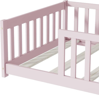 Bellemave Twin Floor Bed with Slats and Safety Guardrails, Kids Montessori Floor Beds with Fence and Without Door, Easy Assemble Floor Bed for Kids, Girls, Boys, Pink