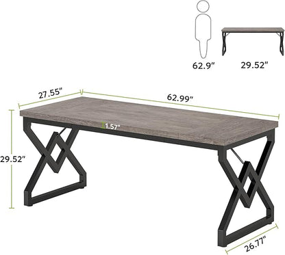 Tribesigns 63 Inch Executive Desk, Large Office Computer Desk with Extra Thick Wooden Tabletop and Metal Frame, Modern Simple Workstation Writing Table Study Desk for Home Office, Gray