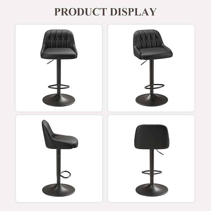 Bar Stools Set of 4, Swivel Bar Chairs, Modern Adjustable PU Leather Upholstered Barstools Counter Height with Tufted Back for Bar, Kitchen Counter Island, Dining Room, Black