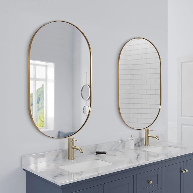 ANDY STAR Gold Oval Mirror, Brass Mirror for Wall, Oval Mirrors for Bathroom in Stainless Steel Metal 1’’ Thin Frame Pill Shaped Mirror Hangs Vertical or Horizontal Ideal for Limited Space