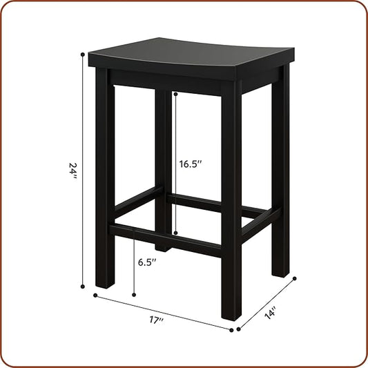 Grain & Grove Smith Collection Solid Wood Counter Height Bar Stool, 24-Inch Saddle Seat Backless Stool, Ideal for Kitchen Island, Dining, or Home Bar Seating, Black