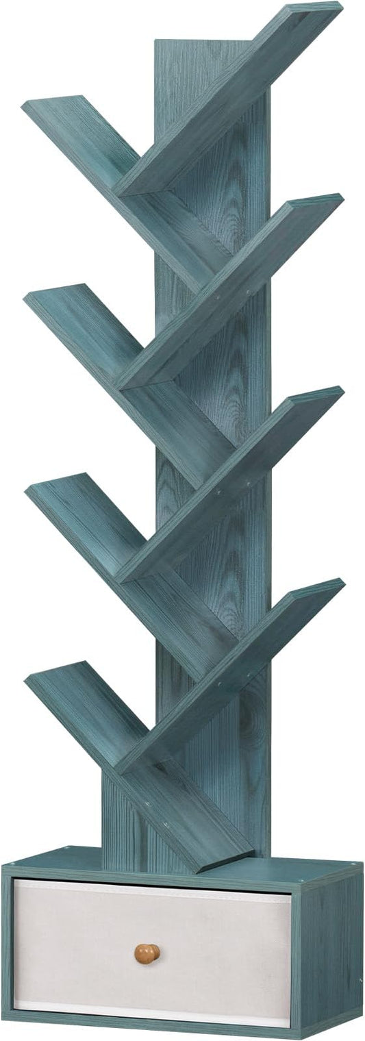 8 Tier Tree Bookshelf with Drawer, Free Standing Wood Bookcase for Narrow Space, Storage Organizer Bookshelves for Books, Book Case for Home Office, Living Room, Bedroom, Navy Blue